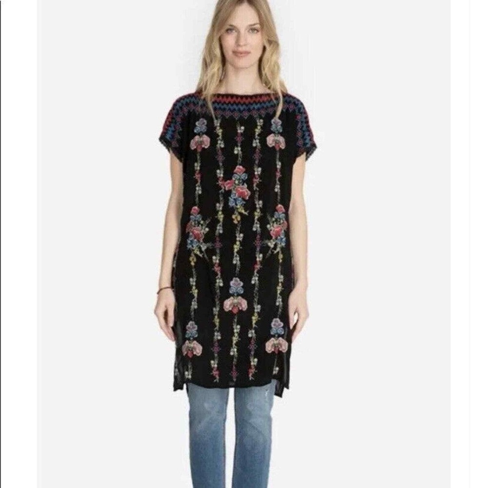 Johnny Was Bennet Black Tunic with Multicolor Embroidery